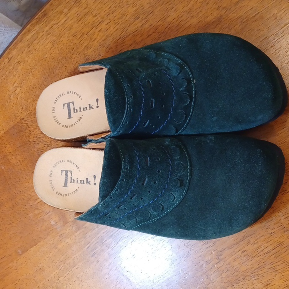 Think! Slide-on green suede shoes